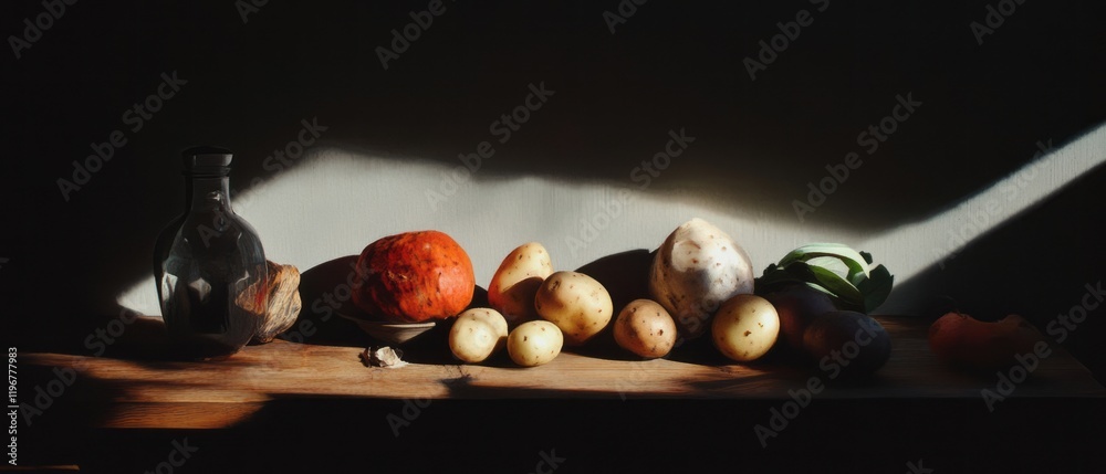 Aufkleber Varieties of potatoes arranged in a still life showcasing color and texture in soft light