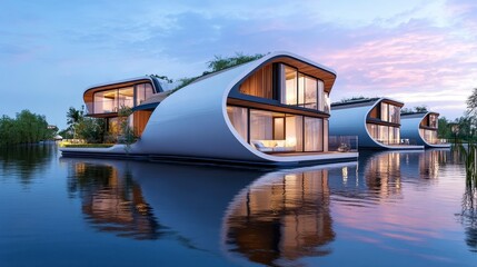 Obraz premium Modern Floating Houses on Calm Water at Sunset with Scenic Reflection