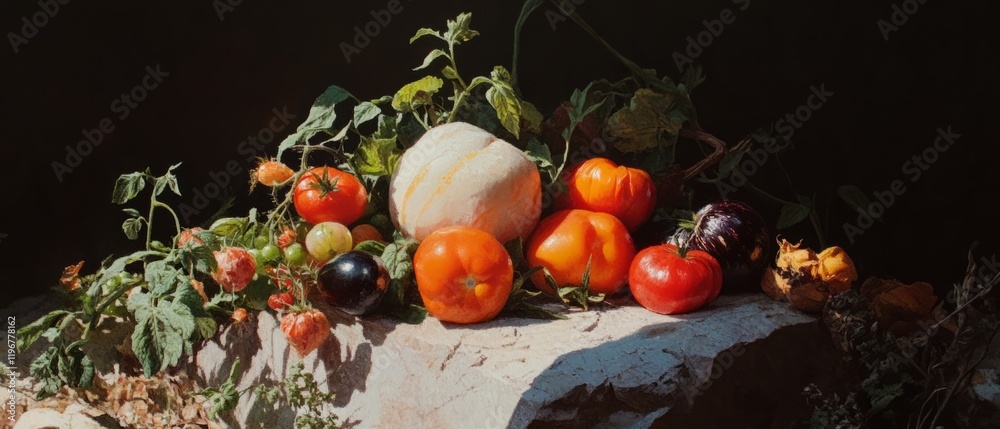 Poster heirloom tomatoes with diverse shapes and vibrant colors arranged in a still life display