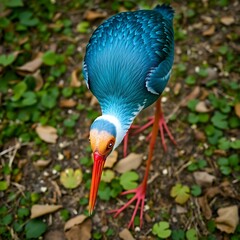 Naklejka premium Vibrant blue bird with orange beak and legs on ground.
