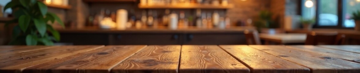Empty wooden tabletop, blurred restaurant illumination , view, close-up