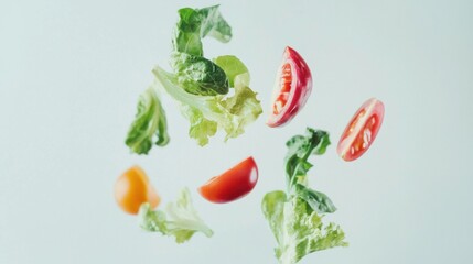 Different fresh fruits and vegetables in air on white background