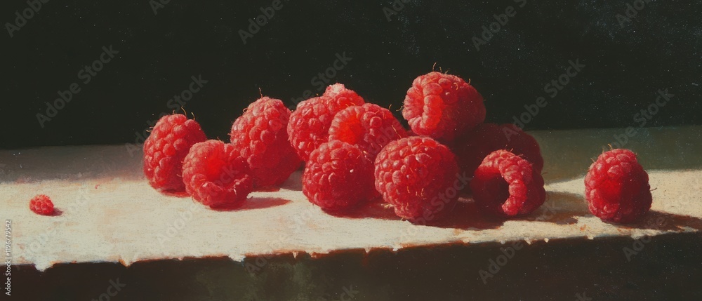 Poster ripe red raspberries arranged on a rustic surface showcasing their rich color and delicate texture