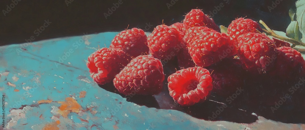 Poster Ripe red raspberries showcasing their soft texture and vivid color on a textured surface