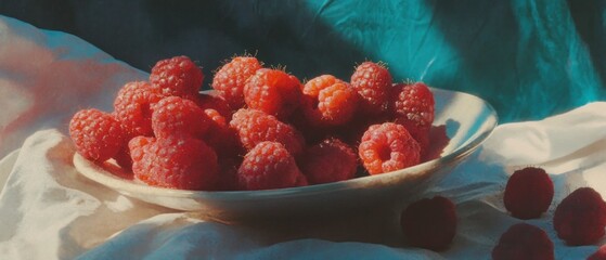 Ripe red raspberries arranged beautifully on a pale plate against a soft backdrop