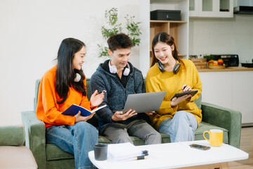 vibrant teamwork, creativity, and learning with young adults using laptops and headphones  in cozy