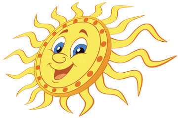 Cheerful cartoon sun, smiling face, vibrant yellow, golden rays, anthropomorphic celestial body, friendly expression, blue eyes, 3D render, glossy texture, child-like illustration, playful design, sum
