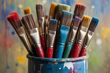 Fototapeta premium Diverse Paintbrushes Arranged in a Pot on a Table, With a Colorful Backdrop, Showcasing Essential Tools for Artistic Exploration