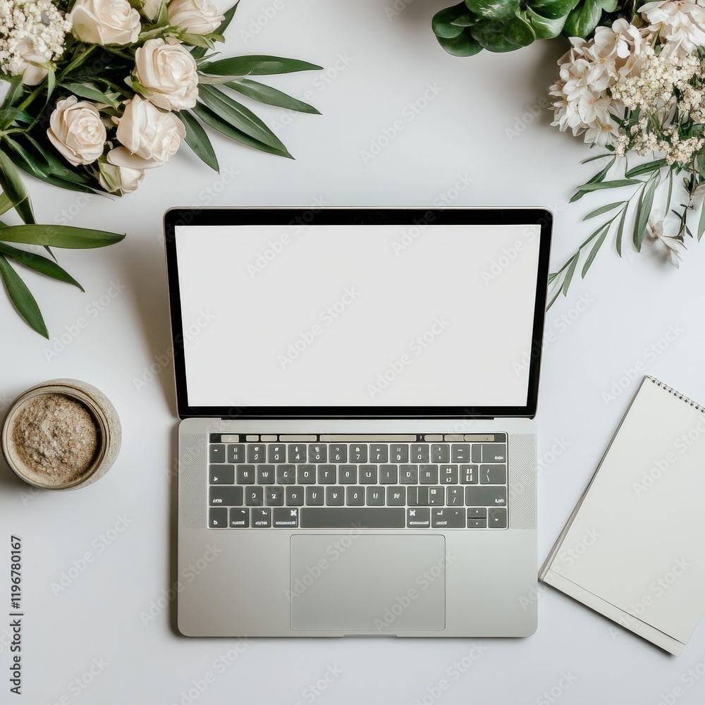 Aufkleber work space featuring a laptop on a desk surrounded by fresh flowers and a notepad ready for note tak