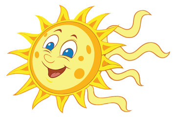 Cheerful cartoon sun, smiling face, vibrant yellow, golden rays, anthropomorphic celestial body, friendly expression, blue eyes, 3D render, glossy texture, child-like illustration, playful design, sum