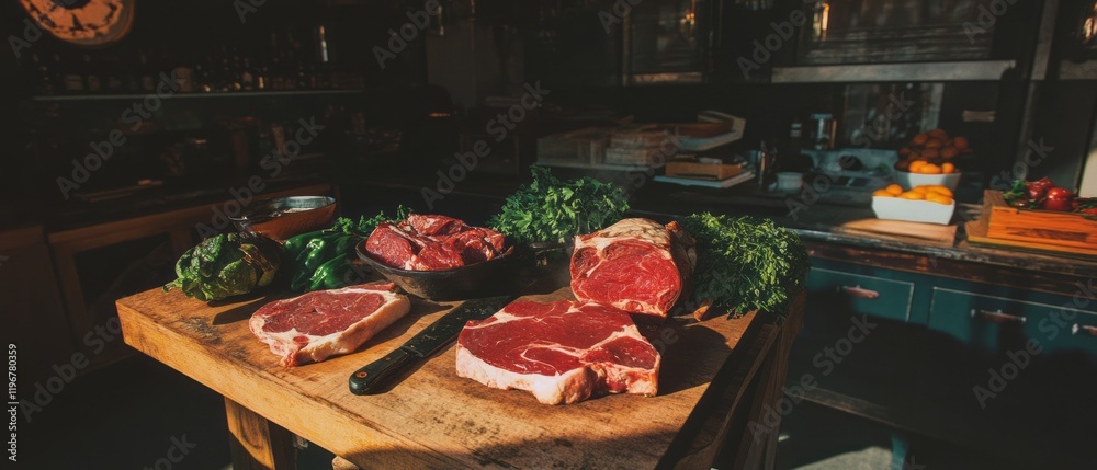 Poster rustic butcher's block with various cuts of meat and fresh herbs ready for cooking
