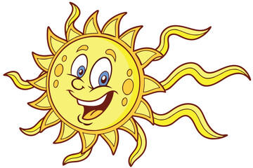 Cheerful cartoon sun, smiling face, vibrant yellow, golden rays, anthropomorphic celestial body, friendly expression, blue eyes, 3D render, glossy texture, child-like illustration, playful design, sum