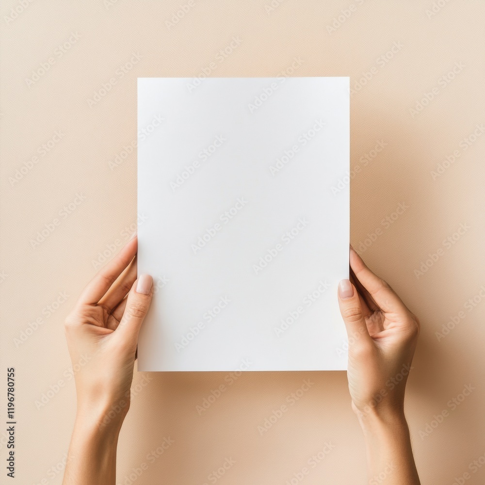 Fototapete holding a blank sheet of paper for creative ideas in a neutral workspace with ample copy space for c