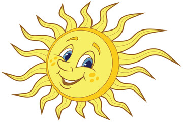 Cheerful cartoon sun, smiling face, vibrant yellow, golden rays, anthropomorphic celestial body, friendly expression, blue eyes, 3D render, glossy texture, child-like illustration, playful design, sum