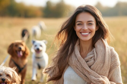 dog walker, Woman sits between two dogs, one of which is a white and brown dog. ledy is smiling and she is enjoying the moment with her pet.