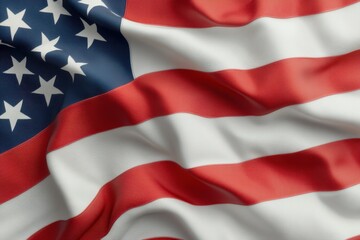 Close-up view of the American flag waving gently, showcasing its vibrant red, white, and blue colors. Perfectly displayed to honor Independence Day, it evokes feelings of patriotism and pride