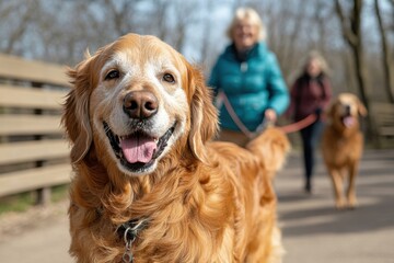 Obraz premium Woman and men are walking a dog. dog is a golden retriever and is smiling, happy dog on a walk in the daytime