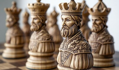 Beautifully crafted wooden chess pieces, meticulously designed for a sophisticated and timeless appeal.