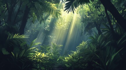 A dense jungle with rays of sunlight breaking through the canopy