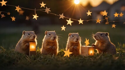 Obraz premium Four cute animals surrounded by stars and lanterns at sunset, creating a whimsical scene.