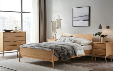 Cozy Scandinavian bedroom with light wood furniture and soft textiles
