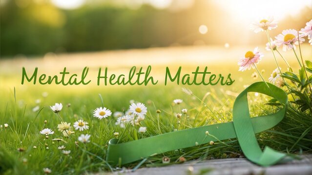 Mental Health Matters text with green ribbon and flowers on the grass under warm sunlight, promoting awareness and support.