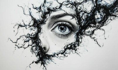 Fototapeta premium Abstract grayscale eye, swirling dark shapes.