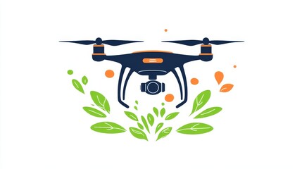 Modern flat icon of a drone surrounded by vibrant green leaves symbolizing eco technology sustainability and innovation in a clean conceptual design