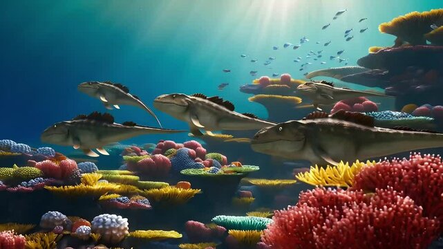 A vibrant underwater coral reef scene with Ichthyosaurs gracefully gliding among colorful corals and schools of fish, illuminated by sunlight filtering through the water. Generative AI