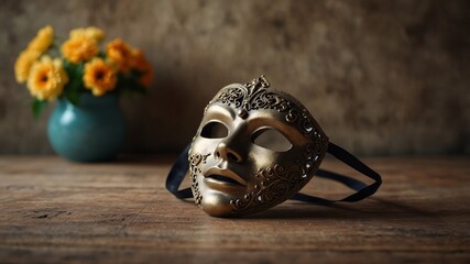 Mediuin mask on the table, copyspace