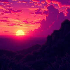 Vibrant sunset over purple mountains.