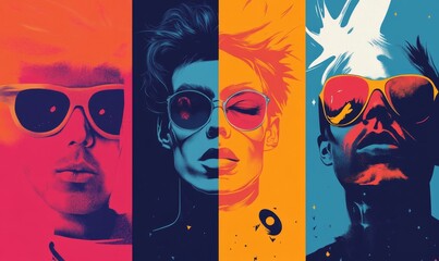 Vibrant portraits, sunglasses, bold colors, stylized hair.