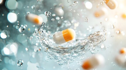 A dissolving tablet in water with dynamic bubbles and swirling patterns under soft studio lighting capturing a fresh feel