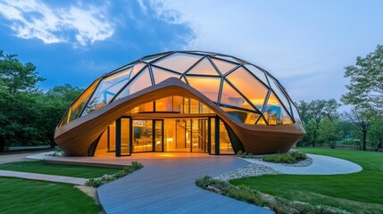 Modern Geodesic Dome House Surrounded by Lush Greenery at Dusk