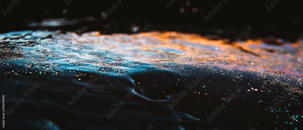 Poster viscous dark liquid creates a glossy sheen against a black background with subtle reflections