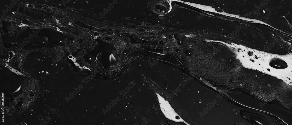 Poster exploring the intricate texture and sheen of dark liquid against a black surface