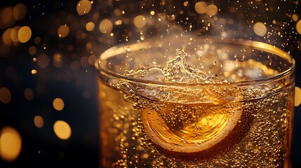 Effervescent tablet dissolving in a glass of water with dynamic bubbles and swirling patterns under soft lighting capturing vitality