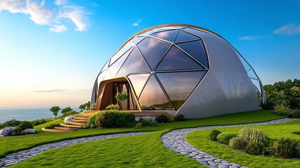 Modern Geodesic Dome Home Surrounded by Lush Green Landscape