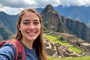 Naklejka premium Young Woman Traveler at Machu Picchu Peru Adventurous Female Backpacker Exploring Ancient Ruins
