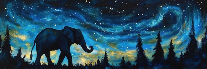 A dreamy acrylic painting of an elephant silhouetted against a starry sky