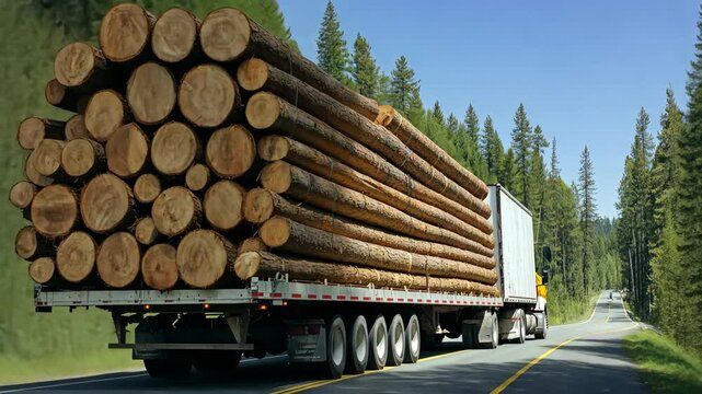 A large truck loaded with freshly cut logs navigates a narrow road surrounded by dense trees. The bright daylight highlights the natural beauty of the forested landscape