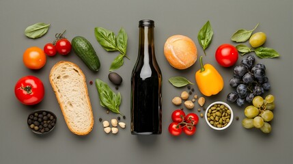 Flatlay of food and drink ingredients.
