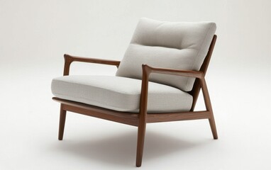 A mid-century modern armchair with a sleek wooden frame and soft grey upholstery, placed in a minimalist living room