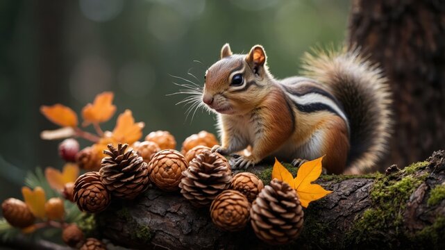 A chipmunk on a mossy log surrounded by pine cones and autumn leaves in a forest setting. - Powered by Adobe