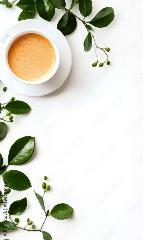 Aufkleber coffee cup surrounded by fresh green leaves on a white surface offering space for text or design ele