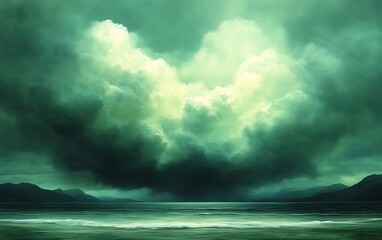 Dramatic green clouds over a calm sea and mountains.
