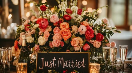 A Valentine's Day wedding reception featuring a large floral centerpiece, a Just Married sign, and champagne toasts.
