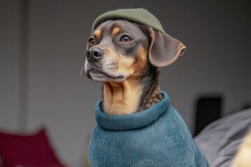 dog in a hat and sweater is sitting on the couch. The pet is relaxing at home, the stylish animal looks smart and happy. dog clothes