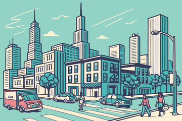 Obraz premium Cityscape illustration, urban skyline, tall skyscrapers, colorful small buildings, streets with cars, food truck, pedestrians, trees, flat design, vibrant colors, teal and blue color scheme, cartoon s