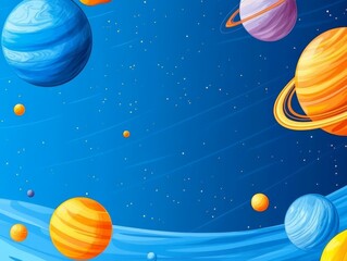 Naklejka premium Artistic depiction of colorful planets with abstract orbits against a gradient blue background designed for creative space themes futuristic visuals or astronomy education
